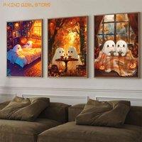 Cozy Halloween Ghost Duo Canvas Art Cute Spooky Spirits in Autumn, Nordic Wall Decor Print for Living Room & Bedroom Poster