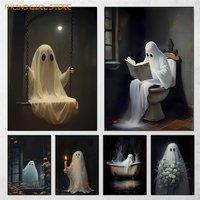 Abstract Cute Ghost on Swing Canvas Prints Ghost on Bathtub Wall Art Poster for Modern Halloween Living Room Bar & Home Decor