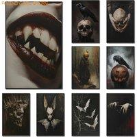 Gothic Dark Skull Academia Fine Art Prints Halloween Wall Decor Bats Raven Vampire Fangs Horror Posters On Canvas Painting