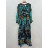 100% Real Silk Women New V-Neck Printing Flare Sleeve Green Midi Dress Diamond Vintage Bohemian Chic Elegant Sweet High Quality