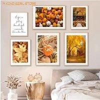 Minimalist Canvas Posters Autumn Decoration Yellow Leaves Fall View Pumpkin Painting Halloween Wall Art Home Living Room Decor