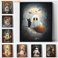 Cute Ghost Black Cat Riding A Broom Canvas Print Ghost Read Book Jack-o-lantern Halloween Wall Art Poster Autumn Home Decor Gift