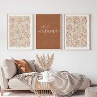 Autumn Pumpkin Leaf Design Canvas Print Warm Beige Brown Tone Plant Halloween Wall Art Poster for Modern Living Room Home Decor