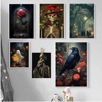 Dark Academy Story Skeleton Crow Horror Elements Halloween Art Poster Canvas Printing Living Room Bedroom Home Decoration Gifts