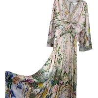 100% Real Silk Women New V-Neck Floral Printing Flare Sleeve Midi Dress High Quarterly Bohemian Vintage Elegant Diamond Luxury