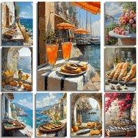 Coastal Fishing Village Mediterranean Courtyard Cuisine Sea Flower Balcony Scene Poster Canvas Oil Painting Printing Home Decor