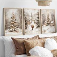 Retro Santa Claus and Christmas Tree Canvas Prints Winter Landscape Wall Art Posters for Modern Living Room Christmas Home Decor
