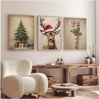 Retro Christmas Tree Reindeer Animal Canvas Print Christmas Eve Cane Candy Wall Art Poster for Modern Living Room Home Decor