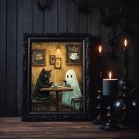 Weird Black Cat Ghost in Coffee Shop Canvas Print Whimsical Halloween Wall Art Poster for Modern Living Room Bedroom Home Decor