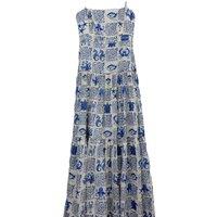 100% Linen Women New Spaghetti Strap Printing Midi Dress High Quality Bohemian Vintage Elegant Diamond Luxury Beach Style Casual