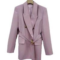 Autumn Winter New Women Pink Wool Turn-down Collar Coat With Belt Double Breasted Office Lady Elegant Vintage Solid Jacket Tops