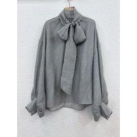 Silk Cotton Women New Long Lantern Sleeve Striped Shirts Elegant Vintage Chic Office Lady High Quality Runway Designer Blouse