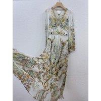 100% Real Silk Women V-Neck Printing Long Sleeve Bohemian Midi Dress Vintage Elegant Chic Sweet Beach Style High Quality Luxury