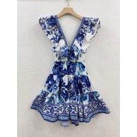 Women V-Neck Printing Backless Lace-up Spaghetti Strap Bohemian Mini Dress Vintage Chic Sweet Beach Style High Quality Luxury