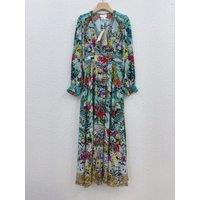 100% Real Silk Women Long Sleeve V-Neck Floral Printing Midi Dress High Quality Vintage Elegant Chic Sweet Diamond Bohemian