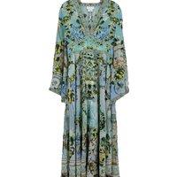 100% Real Silk Women High Quality V-Neck Printing Long Sleeve Midi Dress Green Beach Style Vintage Bohemian Chic Sweet Diamond