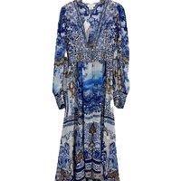 100% Real Silk Women V-Neck Printing Puff Sleeve Midi Dress High Quality Beach Style Bohemian Elegant Chic Sweet Diamond Vintage