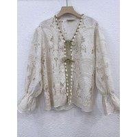 Cotton Women New Long Sleeve Embroidery Hollow Out Shirts Elegant Vintage Chic High Quality Runway Designer V-Neck Solid Blouse