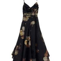 Silk Linen New Women Spaghetti Strap Hollow Out Floral Printing Midi Dress High Quality Beach Style Bohemian Chic Sweet Black
