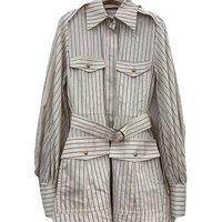 New Women Turn-down Collar Striped Lantern Sleeve Mini Dress With Belt High Quality Chic Sweet Single Breasted Casual Spring