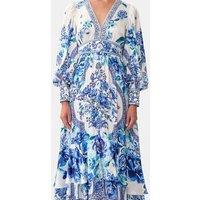 100% Real Silk New Women Puff Sleeve Diamond Blue Floral Printing V-Neck Midi Dress High Quality Beach Style Bohemian Chic Sweet