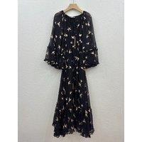 New Women Black Long Sleeve Floral Printing V-Neck Midi Dress High Quality Beach Style Bohemian Chic Sweet Casual Vintage Spring