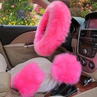 YESPLEASE 3pcs/set Winter Wool Car Steering Wheel Cover Long Australian Wool Heated Fur Handbrake