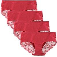 Women's Seamless Knickers Cotton Lady Panties Midi Lace Underwear Full Coverage Brief Pack of 4 S Red