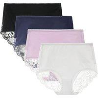 Women's 3 or 4 Pack High Waisted Comfort Cotton Lace Coverage Full Rise Briefs Knickers Underwear M Black/Navy/Purple/White