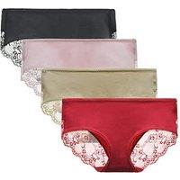 Women's 4 Pack Cotton Mid Rise Full Coverage Lace Hipster Brief Panty Knicker Underwear XL Black/Pink/Nude/Red