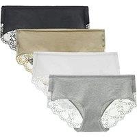 Women's 4 Pack Cotton Mid Rise Full Coverage Lace Hipster Brief Panty Knicker Underwear S Black/Nude/Grey/White