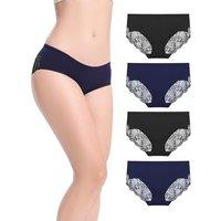 Women's Knickers 4 Pack Mid Rise Cotton Lace Full Coverage Brief Hipster Panty Underwear S Black/Navy Blue