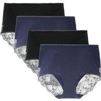 Women's 3 or 4 Pack High Waisted Comfort Cotton Lace Coverage Full Rise Briefs Knickers Underwear S Black/Navy Blue