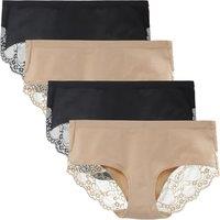 Women's Knickers 4 Pack Mid Rise Cotton Lace Full Coverage Brief Hipster Panty Underwear XL Black/Nude