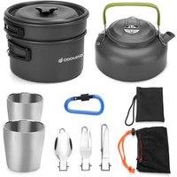 Odoland Camping Cooker Pan Set Aluminum Camping Cookware Kit for 2 People, Portable Outdoor Pot Pan Stove Kettle 2 Cups and Tableware  Backpacking Co