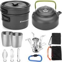 Odoland Camping Cooker Pan Set Aluminum Camping Cookware Kit for 2 People, Portable Outdoor Pot Pan Stove Kettle 2 Cups and Tableware  Backpacking Co