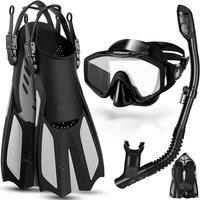 Odoland Snorkel Set Adult 3 in 1 with AntiFog Diving Goggles and Dry Snorkel, Adjustable Flippers, Diving Equipment Set for Swimming/Snorkelling S/M