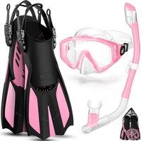 Snorkel Set for Adults, Anti-Fog Diving Mask with Dry Top Snorkel & Swim Fins, Wide View Scuba Flippers Snorkeling Gear for Men Women Youth Pink S/M(3