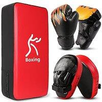 Odoland 3in1 Boxing Gloves Punching Mitts Kick Pack Set for Kids, Boxing Mitts Focus Pads, Taekwondo Kick Pad, Kids Boxing Gloves for Boxing Red Gol