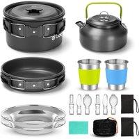 Odoland Camping Cookware Set NonStick Pot and Pan Set with Kettle, Stainless Steel Utensils Mess Kit, Cups Plates Knives Spoons Forks for Outdoor Coo