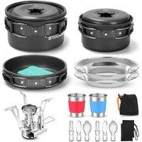 Odoland Camping Cookware Set with Pots and Frying Pan Cup Plates Folding Cutlery Gavette for 12 People Lightweight and Compact for Camping Trekking P