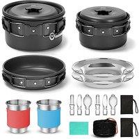 Odoland Camping Cookware Set with Pots and Frying Pan Cup Plates Folding Cutlery Gavette for 12 People Lightweight and Compact for Camping Trekking P