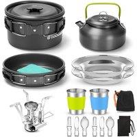 Odoland Camping Cookware Set NonStick Pot and Pan Set with Kettle, Stainless Steel Utensils Mess Kit, Cups Plates Knives Spoons Forks for Outdoor Coo