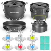 Odoland Camping Cookware Mess Kit for 6 People, Large Size Hanging Pot Pan Kettle with Base Dinner Cutlery Sets, Cups Dishes Forks Spoons Kit for Outd