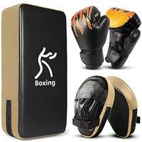 Odoland 3in1 Boxing Gloves Punching Mitts Kick Pack Set for Kids, Boxing Mitts Focus Pads, Taekwondo Kick Pad, Kids Boxing Gloves for Boxing Red Gol