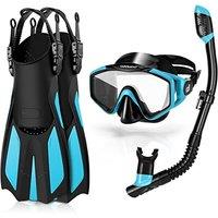 Snorkel Set for Adults, Anti-Fog Diving Mask with Dry Top Snorkel & Swim Fins, Wide View Scuba Flippers Snorkeling Gear for Men Women Youth Sky Blue L