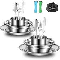 Odoland Camping Cutlery Set  Stainless Steel Tableware Mess Kit Includes Plate Cup Fork Spoon, 8 in 1 Flatware Kit with Mesh Bag  Dinnerware Utensil