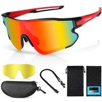Odoland Polarized Cycling Glasses, Sports Sunglasses UV 400 with Replaceable Night Vision Lenses for Bike, Fishing, Running, Men, Women and Youth Red