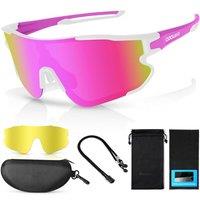 Odoland Polarized Cycling Glasses, Sports Sunglasses UV 400 with Replaceable Night Vision Lenses for Bike, Fishing, Running, Men, Women and Youth Pink