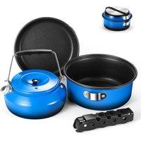 Odoland 5pcs Camping Cookware Mess Kit, NonStick Lightweight Pot Pan Kettle Set with a removable handle  Perfect for Backpacking, Camping, Hiking, a